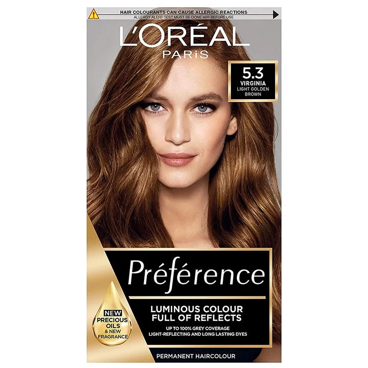 L'Oréal Préférence 5.3 Light Golden Brown Luminous, Fade-Defying Permanent Hair Colour for At-Home Use