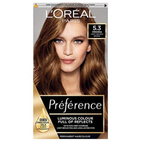 L'Oréal Préférence 5.3 Light Golden Brown Luminous, Fade-Defying Permanent Hair Colour for At-Home Use