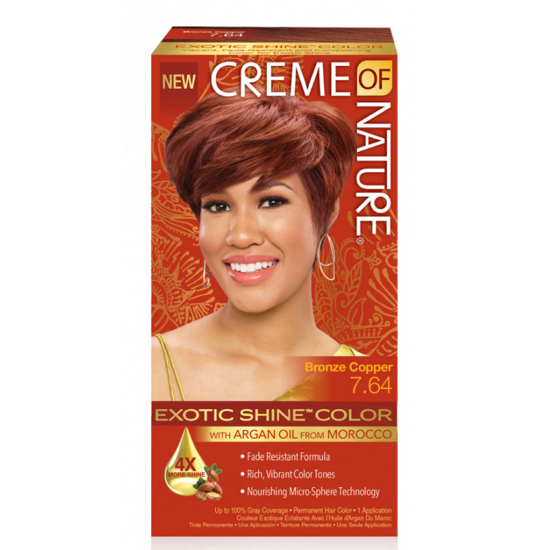 Creme Of Nature Exotic Shine Permanent Color 1 Kit - 7.64 Bronze Copper for Vibrant Shine & Strengthening Gray Coverage