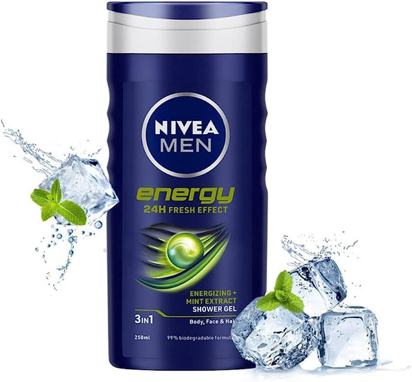 Nivea Men Energy Shower Gel 3 in 1 Body, Face & Hair - Invigorating Cleanse & Revitalisation for Men - 250 ml / 8.45 oz