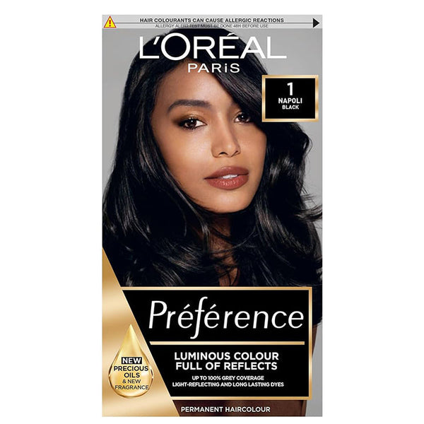 L'Oréal Préférence 1 Black Fade-Defying High-Shine Permanent Hair Colour for Salon-Quality At-Home Results