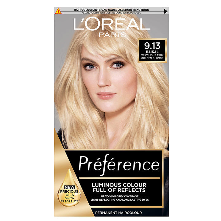 Loreal L'Oréal Préférence 9.13 Very Light Ashy Golden Blonde Fade-Defying Permanent Hair Colour for At-Home Colourists 1 Application Kit