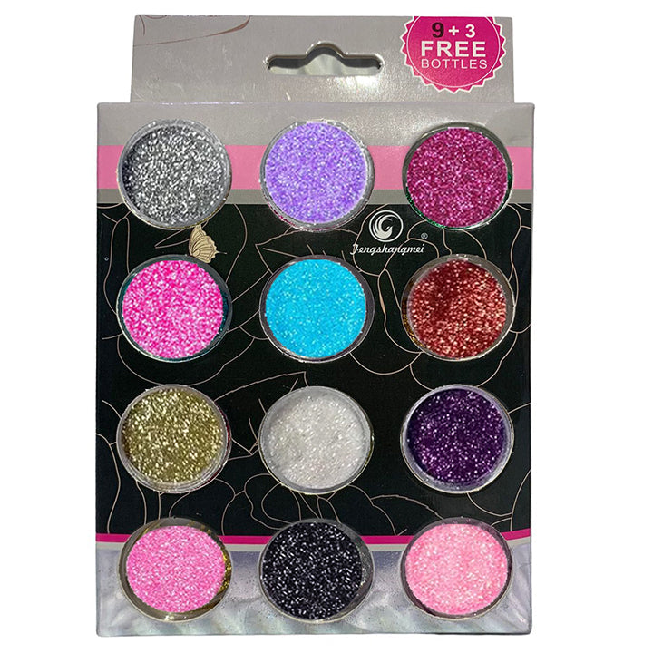 Fengshangmei 12 Glitter Colours Nail Decoration Kit - Dazzling Nail Art for DIY Enthusiasts & Professionals (12 Vibrant Shades)