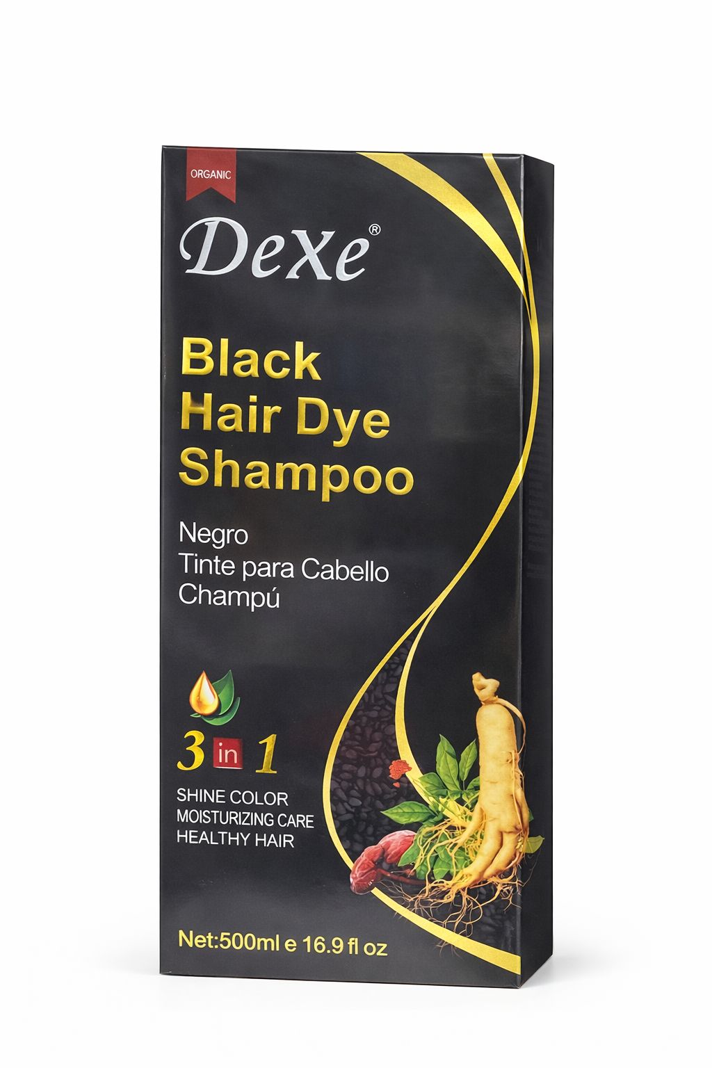 Dexe Black Hair Dye Shampoo - 3 in 1 Herbal Colour for Textured Hair & Grey Coverage 500ml/16.91 oz