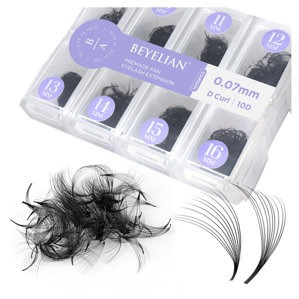 BEYELIAN 0.07mm 10D Curl Premade Fans – 9-16mm Mixed, Handmade, Economical