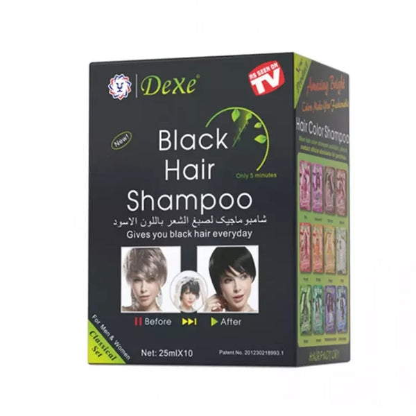 Dexe Black Hair Shampoo Instant Grey Hair Coverage & Colouring for Men & Women 10x 25ml Portable Sachets