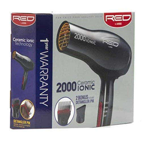 Red by Kiss 2000 Ceramic Ionic Hair Blow Dryer | Fast Drying, Frizz-Free Shine & 2 Bonus Detangler Piks for All Hair Types