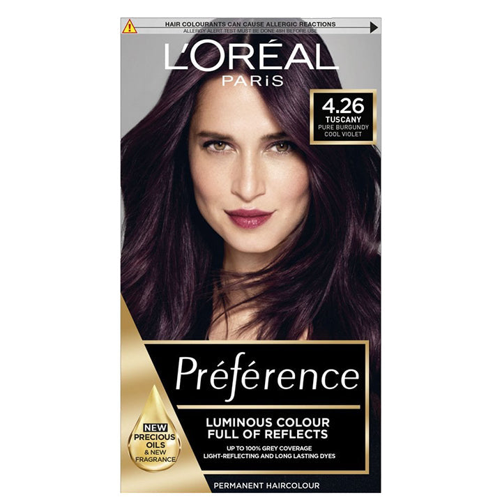 L'Oréal Préférence 4.26 Pure Burgundy Cool Violet Permanent Hair Colour - Fade-Defying Luminous Shine for All Hair Types