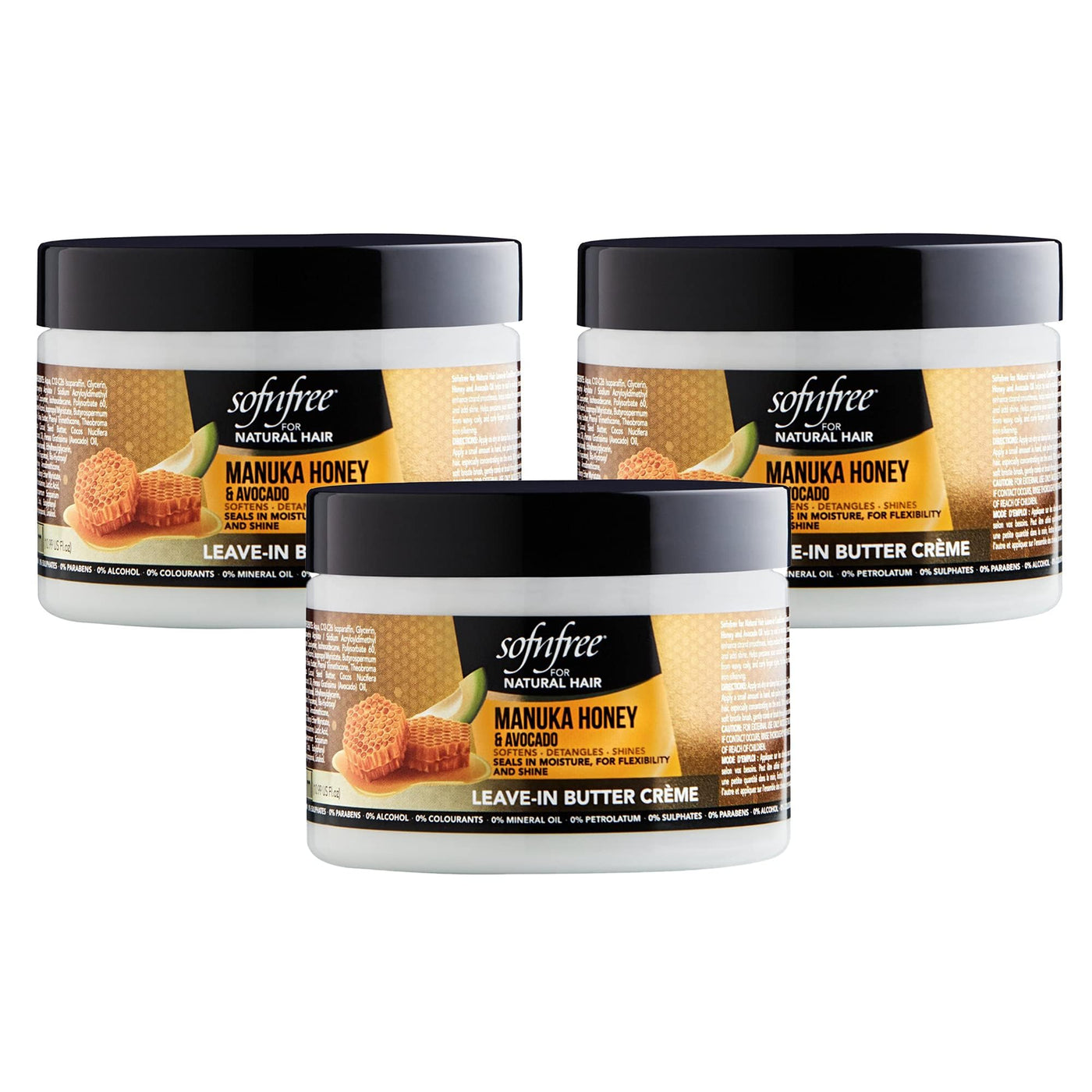 SOF N' FREE Leave-In Conditioner with Manuka Honey & Avocado – Natural Curl Moisturizer (11-fl-oz) Pack of 3